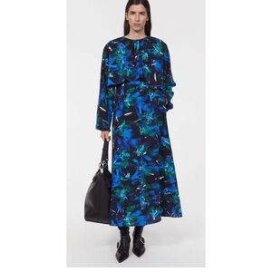 Abstract Blue & Green Maxi Dress with Long Sleeves